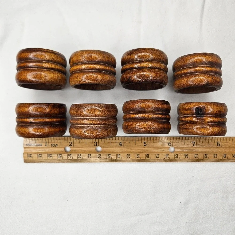 Vtg Knobler Wood Napkin Rings Set of 8 Ribbed Brown MCM Table Decor Taiwan Boho